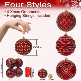 Oairse 4"/10cm Large Christmas Balls Ornaments Shatterproof Big Red Christmas Baubles Ornaments for Christmas Tree 4 Pcs Red Christmas Tree Ornaments for Xmas Trees Holiday Wedding Party Decoration