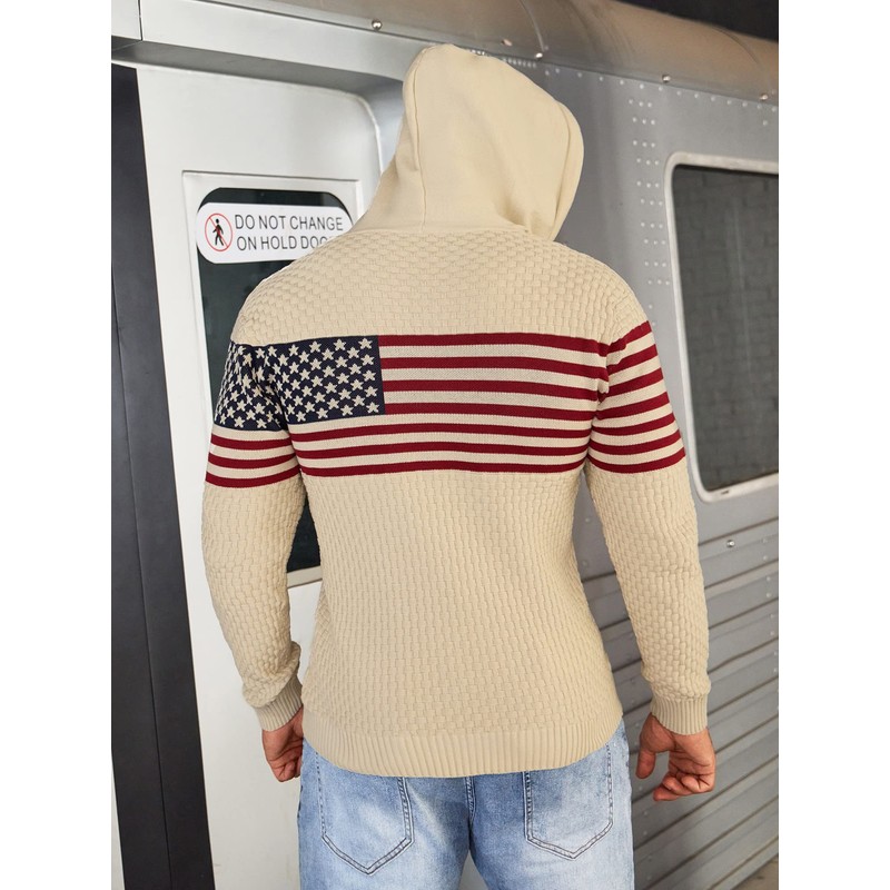 Zaitun Men's American Flag Pattern Drawstring Hooded Sweater