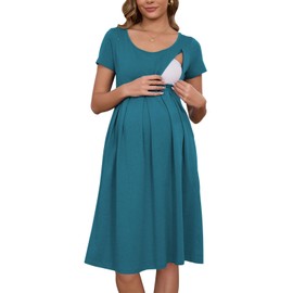 Ecavus Women's Nursing Dress Short Sleeve Hidden Zipper Maternity Breastfeeding Dress with Pockets Blue
