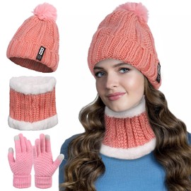 Winter Knitted Hat Scarf Glove Set, Women Pink Knitted Winter Cold Weather Set Hat and Scarf Ski Outing for Women Daily Ski Outdoor Sports Gift
