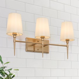 GEPOW Bathroom Wall Light Fixtures, 3-Light Gold Vanity Light with White Fabric Shade, Modern Wall Lamp Over Mirror for Hallway, Bedroom, Kitchen, and Living Room