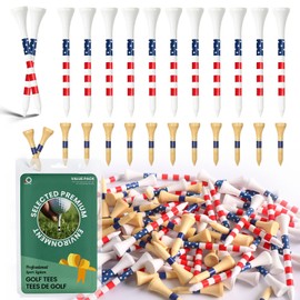 Golf Tees Wood Consistent Height 60 Pack USA Flag Long Tees 3 1/4 Inch and 40 Pack 1 1/2 Inch More Short Tees, Easy to Find American Wooden Bamboo Driving Range Tall Tee Value Gift Set