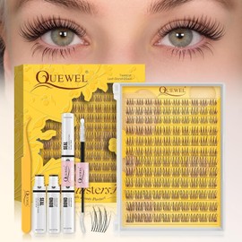 QUEWEL Pestañas Postizas Kit Completo, kit de pestañas postizas naturales  120 Pestañas Individuales Incluye Pegamento Sellador Pinzas y Aplicador... 