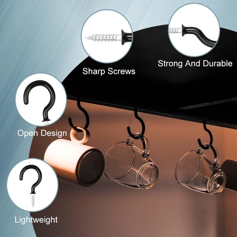 vsshe 75PCS 6 Size Set Cup Hooks Screw, Black Plastic