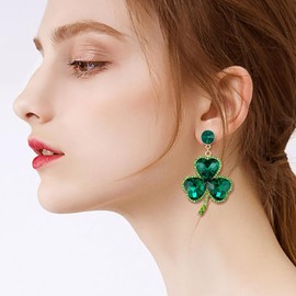 EVER FAITH St Patrick's Day Clover Stud Earrings Sparkling Heart Shape Crystal Green Dangling Lucky Clover Chandelier Earrings Jewelry Gift for Women Girls, Crystal
