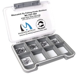 Maxcatch 125pcs Barbless Fly Fishing Tying Hooks Dry Nymph Wet Shrimp Jig Hook with Magnetic Waterproof Fly Box (7221 Wet Fly Hook (Barbless), #10-#12-#14-#16-#18(5 Sizes)-125pcs)
