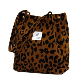 Corduroy Tote Bag Cute Tote Bags for Women Shoulder Bag with Inner Pocket for Work Beach Travel and Shopping Grocery (Leopard)