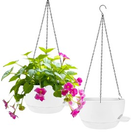 CNLBO 2 Pack Hanging Planters for Indoor Outdoor Plants, 8 Inch Self Watering Hanging Pot with Drainage Holes and Saucer, Plastic Plant Pots, White Flower Pots for Kitchen, Balcony, Garden