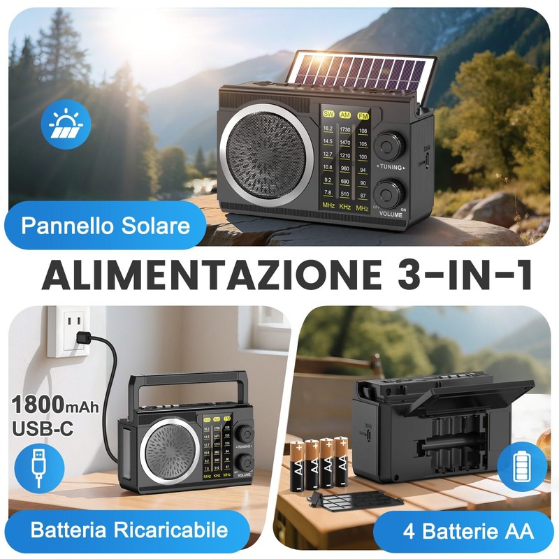 PRUNUS J-135S Radio Portatile AM/FM/SW, Mini Radio Solare Bluetooth 6.0