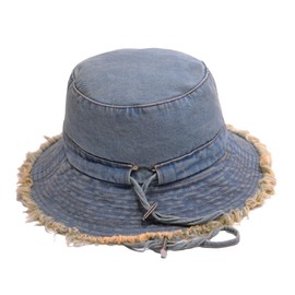 BLUEGLORY Light Blue Cotton Denim Distressed Bucket Hat, Sun Hat, Hat for Men and Women