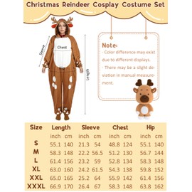SOMSOC 3 Pcs Adult Christmas Reindeer Costume Deer Women Onesie Pajama Jumpsuit Animal Cosplay with Tie Socks for Unisex
