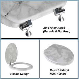 Angol Shiold Elongated Marble Toilet Seat with Zinc Alloy Hinges, Easy to Install and Clean, Anti-pinch (Gray)