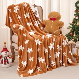 APUDWN Christmas Throw Blanket and Pillow Set 1 Soft Flannel Gingerbread Man Pattern Throw Blanket 1 Plush Gingerbread Shaped Decorative Pillows for Xmas Day Home 3D Sofa Couch Decorations Gifts