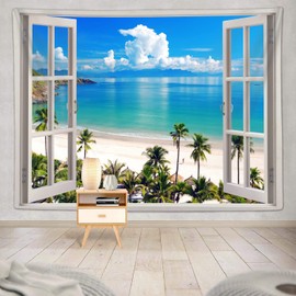 YISUMEI Ocean Beach Tapestry, Hawaii Sea Nature Fake Faux Window Art Tapestries Wall Hanging for Bedroom College Dorm Living Tropical Summer Room Office Decor(M/130x150cm/51x60inch)