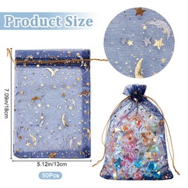 Beebeecraft 50Pcs Organza Bags Gold Stamping Stars Marine Blue Drawstring Mesh Bags Rectangle Candy Gifts Storage Favor Pouches for Christmas Wedding Party Valentine's Day 5x7 Inch