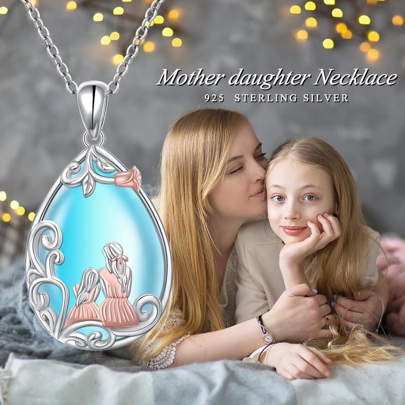 Ladytree 925 Sterling Silver Teardrop Mother and Daughter Created Moonstone