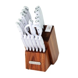 Sabatier Forged Triple Rivet Built-In Edgekeeper Sharpener, 18-Pieces, High-Carbon Stainless Steel Kitchen Knives, Razor-Sharp Knife set with Acacia Wood Block, White