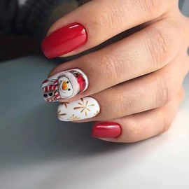 Christmas Press on Nails Short Square Winter Fake Nails Red Full Cover Gold Snow False Nails with Penguin Designs Glossy Glue on Nails Acrylic Manicure Artificial Nails for Women Girls 24Pcs