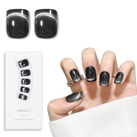 Black Track Cat Eyes Press On Nails,12 Sizes - 24 Pcs Soft Gel Short Black White Square Fake Nails Kit with Nail Glue, Natural Reusable Stick On False Nails for Women and Girls SK1004