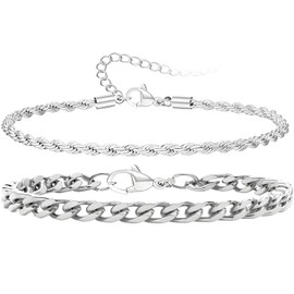 MOTIBACK Sterling Silver Mens Bracelets - 2pcs Set, 925 Silver Chain Bracelet for Men, Cuban Figaro Curb Link, 19/21cm, Mens Jewellery Gifts for Dad, Boyfriend, Husband, Son