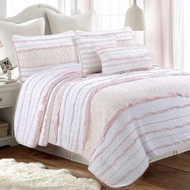 Cozy Line Home Fashions Pretty in Pink Girly Ruffle Stripped 100% Cotton Reversible Quilt Bedding Set, Coverlet, Bedspread (Pink Princess, Queen - 3 Piece: 1 Quilt + 2 Shams)