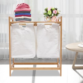 TFCFL Bamboo Laundry Hamper with Shelf, 2 Section Wooden Laundry Basket with Sliding Removable Bags, 2 Compartment Organizer, Clothes Hamper for Samll Space,Laundry Room, Bedroom, Bathroom