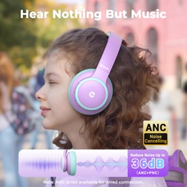 iClever BTH26 Active Noise Cancelling Headphones for Kids, 60H Play Time, Type-C Fast Charging, 80dBA Safe Volume, Bluetooth5.4 Kids Headphones Wireless Aux Cord for Airplane Travel, Purple