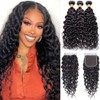 Quqzron Water Wave Human Hair Bundle with Closure(16 18 20