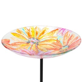 MUMTOP Glass Bird Baths for Outdoors-Outdoor Bird Bath Bowl- Watercolour Daisy Birdbaths Yard Stake, Bird Feeders for Outside, Garden, Patio, Lawn Decor