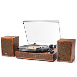 Vinyl Record Player with External Speakers, 3 Speed Vintage Stereo Turntable for Vinyl Records, Bluetooth Input, Auto Stop & Belt Driven System, RCA Out and Aux in - Brown Wood