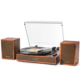 Vinyl Record Player with External Speakers, 3 Speed Vintage Stereo Turntable for Vinyl Records, Bluetooth Input, Auto Stop & Belt Driven System, RCA Out and Aux in - Brown