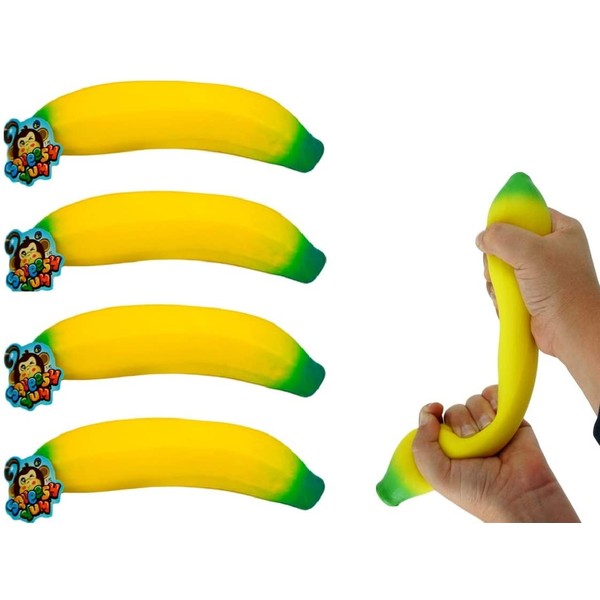 JA-RU Stretchy Banana Squishy Toys (4 Units) Anxiety Stress Relief Toys | Sensory Toys for Autistic Children Kids and Fidget Stress Toys for Adults. Great Party Favor Supply. Plus 1 Ball. 3340-4p