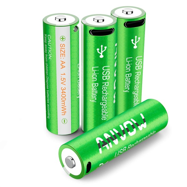 ANVOW USB AA Rechargeable Batteries, USB AA Battery Lithium 1.5V 3400mWh Performance All-Purpose Pre-Charged Double A Battery with 4-in-1 Charging Cable, 4 Count
