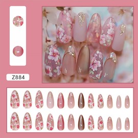 24Pcs Peach Blossom Press on Nails Medium Almond Fake Nails 3D Pearl Rhinestones Design Pink Flower Full Cover Artificial Stick on Nails Spring False Nails for Women Acrylic Manicure Salon Decorations
