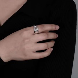 ellifam Adjustable Minimalist Wavy Statement Ring, Modern Chunky Band with Sculptural Texture, Open for Edgy and Trendy, Elegant, Irregular Fold Texture Foil Liquid Ring, Geometric Style (Silver)