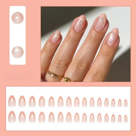 KQueenest Pack of 30 Flower Nails for Sticking Short Almond - Coral Pink French Press On Nails with Bow Pearl Design Full Cover Natural Nude Fake Nails Artificial Fingernails for Women