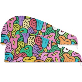 Doodle Flowers - Toallas de secado de cabello con botón para cabello rizado largo y corto para mujer, toallas largas de microfibra para el cabello, paquete de 2