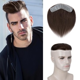 Elailite Men's Hairline V-Shape Frontal Toupee Real Human Hair Extension #02 Dark Brown - 6 Inch Invisible Forehead Hairpiece Fringe Bang Replacement System