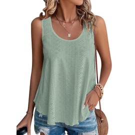 ATHMILE Womens Tank Tops Sleeveless Eyelet Embroidery Scoop Neck Loose Fit Casual Summer Flowy Green