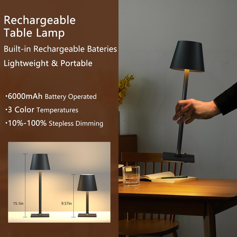 Fizrice Cordless Table Lamp Rechargeable Lamps: 6000mAh Battery Operated Table