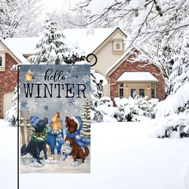 BLKWHT Hello Winter Dogs Garden Flag 12x18 Vertical Double Sided Farmhouse Welcome Christmas Holiday Outside Decorations Burlap Yard Flag BW546