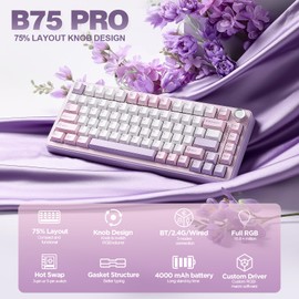 YUNZII B75 PRO Wireless Mechanical Keyboard,75% Layout with Knob,Hot Swap Gasket Custom Structure,Creamy Pre-lubed Switches,RGB Backlit,Bluetooth/Type-C/2.4G for Win/Mac(Cocoa Cream V2 Switch,Purple)