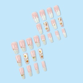 Flower Press on Nails Medium Coffin Fake Nails French Tip False Nails with White Daisy Blossoms Designs Glue on Nails Spring Stick on Nails Summer Full Cover Cute Acrylic Nails Glossy Artificial Nails