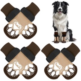 Eyein 3 Pairs of Double-Sided Non-Slip Socks for Dogs, Soft Dog Socks, Paw Protection with Adjustable Velcro Fastening for Indoor Hardwood Floors, Brown, S