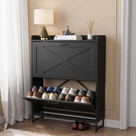 VOWNER Shoe Storage Cabinet with 2 Flip Drawers, Freestanding Organizer with Metal Legs for Entryway, Narrow Shoe Rack Cabinet, Black Minimalist Farmhouse:_Black