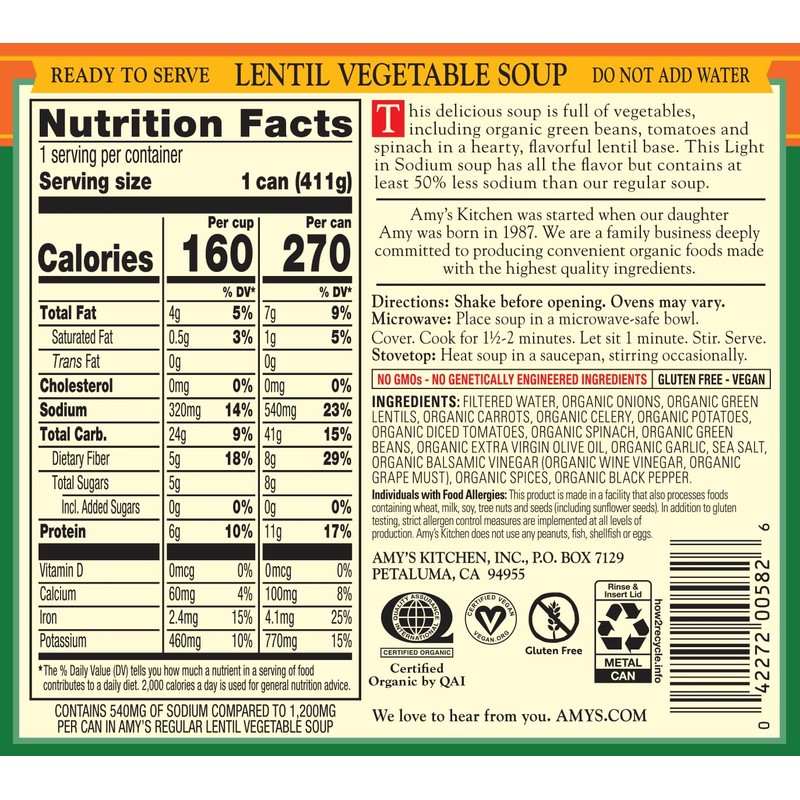 Amy’s Soup, Vegan Light in Sodium Lentil Vegetable Soup, Gluten