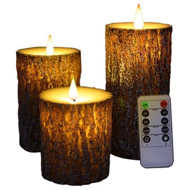 NICEME LED Pine Bark Flameless Candles Set of 3 Real Wax Battery Operated Candles Flickering Teardrop Wick Electric Decorative Pillar Bark Candles with Remote Timer, D3 x H4 5" 6"