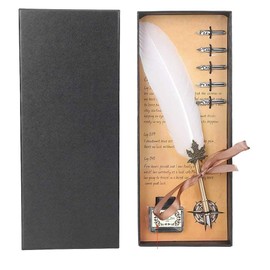 Calligraphy Nib, Antique Feather Quill Set, Retro Metal Calligraphy Set with 5 Stainless Steel Tips and Packing Box (White)