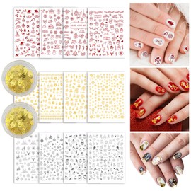Whaline 1200Pcs+ Christmas Metallic Nail Art Decals with 2 Boxes Nail Sequins Self-Adhesive Nail Art Sticker Red Gold Sliver Nail Decals for Women Girl Winter Nail DIY Decorations, 12 Sheets