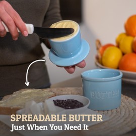 PriorityChef Butter Crock with Lid, On Demand Spreadable Butter, French Butter Keeper to Leave On Counter with Water Line, Ceramic French Butter Dish, Light Blue